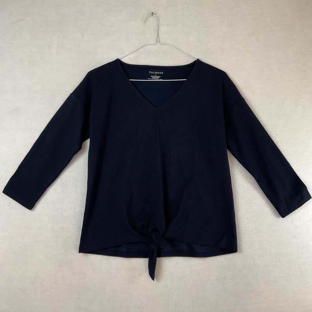 Talbots‎ Womens Navy Blue V-Neck Front Tie Knot 3/4 Sleeve Knit Top Small